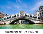 Venice Grand canal with gondolas and Rialto Bridge, Italy in summer bright day