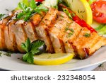 Grilled Salmon with fresh salad . Selective focus
