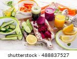 Detox diet. Healthy eating. Different colorful fruits and vegetables. 