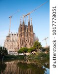 Small photo of Barcelona, Spain - August 26, 2014: La Sagrada Familia, cathedral designed by Antoni Gaudi which is being build since 1882 and still is under construction