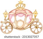 Cute princess carriage.Hand drawn cartoon watercolor illustration retro royal transport. Stylized picture for decoration children holiday and party.