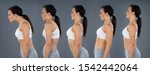 Small photo of Woman With Forward Head, Lordosis, Kyphosis, Sway Back And Normal Curvature Against Gray Background