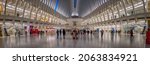 Small photo of The Oculus, world trade center, People in a shopping mall, very wide angle pano, Church St, Manhattan, New York, NY, united states, 10006. 10.25.2021