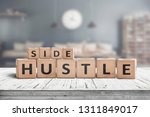 Side hustle sign on a plank table in a decorative room with a clock