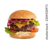 Small photo of Beef hamburger. Cheeseburger with beef burger, tomatoes, cheese, pickled cucumber and lettuce isolated on white background