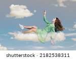 Small photo of Hovering in air. Cheerful smiling pretty girl in ruffle dress levitating flying in mid-air, looking up happy dreamy and raising hand to catch in the sky. collage composition on day cloudy blue sky