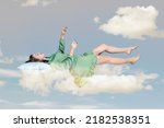 Small photo of Sleeping beauty floating in air. Relaxed girl in vintage ruffle dress keeping eye closed, lying on pillow levitating, flying in dream with hands up to catch. collage composition on day cloudy blue sky