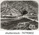 Old illustration of tunnel opening across Sierra Nevada mountains, along Union Pacific railroad. Created by Blanchard, published on L