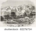 Old view of Nazareth, Palestine. Created by Therond after photo of unknown author, published on Le Tour du Monde, Paris, 1860