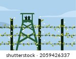 Conceptual illustration of blooming flowers on a barb-wire fence on a country border