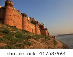 View of the ancient Ramnagar Fort from the river Ganges. The Ramnagar Fort of Varanasi was built in 1750 in typical Mughal style of architecture.