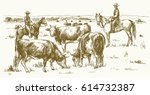 Cattle drive by two cowboys. Cows grazing on pasture. Vector illustration.