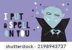 Halloween Vector Card with Scarry Vampire, Stars and Handwritten I put a Spell on You. Happy Halloween. Vampire with Blue Face on a Violet Backround. Cool Halloween Print ideal for Banner, Poster.