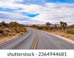 Empty road in Mojave Desert in winter with distant snowy peaks landscape of Joshua Tree National Park, California, CA, USA