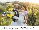 Shot of a happy young couple dancing in vineyard at sunset on their wedding day.