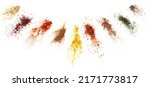 Small photo of Set spices pile, ginger, ground sumac, red paprika powder, cinnamon, turmeric, chili pepper flakes, milled nutmeg, chopped dry dill, minced black pepper isolated on white, top view