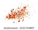 Spicy mixture of spices with chopped lemon peel, chili, peppercorns (black, green and red), mustard seeds, allspice, chopped ginger, isolated on white, top view