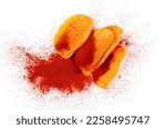 Paprika flavored potato chips isolated on white, top view
