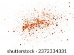 Small photo of Spicy chili red pepper flakes, chopped, milled dry paprika pile isolated on white, top view