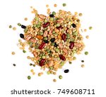 Mixed dried legumes and cereals isolated on white background, top view