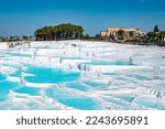 Turquoise pools in travertine terraces at Pamukkale