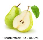 Isolated pears. One and a half yellow and green pear fruits isolated on white background