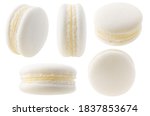Isolated white macarons collection. Vanilla or coconut macaroon at different angles isolated on white background