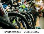 Bicycle shop, rows of new bikes, cycle sport store