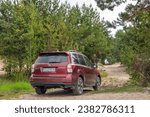 Small photo of Varash, Ukraine - August 25, 2023: Red SUV Subaru Forester in a forest sand pit. Subaru Forester is a compact crossover that has been manufactured by Subaru since 1997.