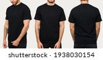 Small photo of Hispanic young man wearing a black casual t-shirt. Side view, behind and front view of a mock up template for a t-shirt design print
