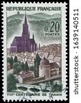 Small photo of Paris, France - July 1, 1961: St. Theobald's Church, Thann, 800th anniversary of Thann. Stamp issued by French Post in 1961.