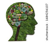 Small photo of Personal growth concept and gardener or landscaper symbol for gardening psychology as a horticulture design with a perennial lawn and flowerbed with ornamental plants shaped as a human head.