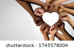 Small photo of Peaceful Protest group and protester unity and diversity partnership as heart hands in a fist of diverse people together as a nonviolent resistance symbol of justice and fighting for a good cause.