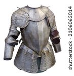 Medieval knight suit of armor protection isolated on white background with clipping path. Ancient steel metal armour