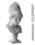 Small photo of Minerva roman goddess of wisdom and strategic warfare, justice, law, victory, and the sponsor of arts, trade, and strategy. Antique bust isolated on a white background with clipping path