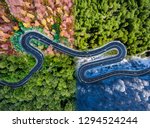 Winding road in all four seasons. Aerial view of a curved highway trough the forest. Composite drone roadway weather image of a hairpin turn