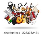 stack pile collage of various musical instruments. Electric guitar violin piano keyboard bongo drums tamburin saxophone, and trumpet. Brass percussion studio music concept isolated on white background