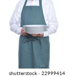 Small photo of Busboy carrying a stack of plates - torso only
