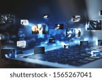 Small photo of Close up of laptop with digital pictures on blurry dark background. Media photo gallery background. Double exposure