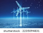 Small photo of glowing digital wind mill turbine hologram on blue sky and clouds background. Wind generator concept. Double exposure