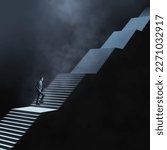 Small photo of Long career and long way to success concept with man in blue suit climbs dark stairs illuminated from above on abstract dark foggy background