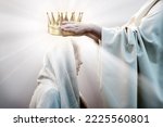 Small photo of Retro old jew biblic faith happy male leader Lord priest ruler man arm give young lady hold gold tiara above veil cloth. Noble best win devot trophy smile joy face pray bible belief reign hero concept