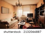 Small photo of Interior of an old room, ordinary look of a home from Balkans from 80's.