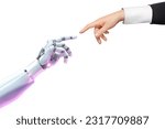 White cyborg robotic hand pointing his finger to human hand with stretched finger - cyber la creation - isolated on free PNG background.