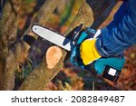 Small photo of A gardener pruns trees with a lightweight cordless chain saw. Work in the autumn garden.