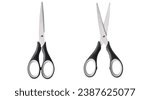 Small photo of Top view of open and closed scissors on white background. Real photography of office scissors, stainless steel blades and black white handle.