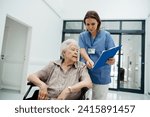 Small photo of Nurse talking with senior woman, admitting a patient to the hospital, filling documents. Discharging of elderly patient. after surgery.