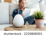 Shot of essential oil aroma diffuser humidifier diffusing water articles in the air while woman reading a book sitting on coach.