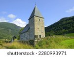 12-th century stone Hove Church (Hove kyrkje), a historic parish church in Vikoyri, Vik, Sogn og Fjordane county, Vestland county, Norway.