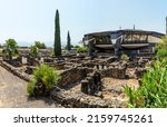 Small photo of Capernaum, Israel May 18, 2022 Pilgrimage Church of St. Peter in Capernaum dedicated to St. Peter. Octoganal shaped church built above the ruins of what is believed to be the site of Peter's house.